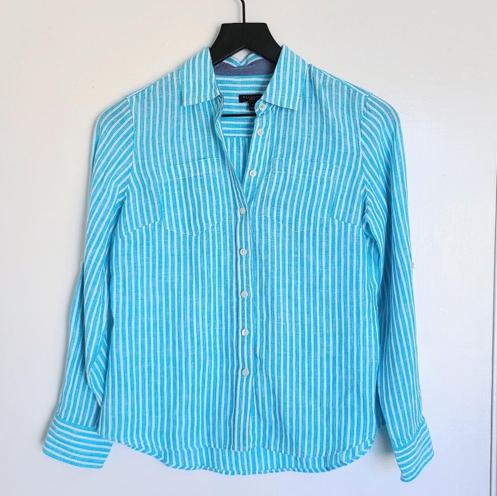 Talbots Linen Railroad Stripe Shirt, Aqua